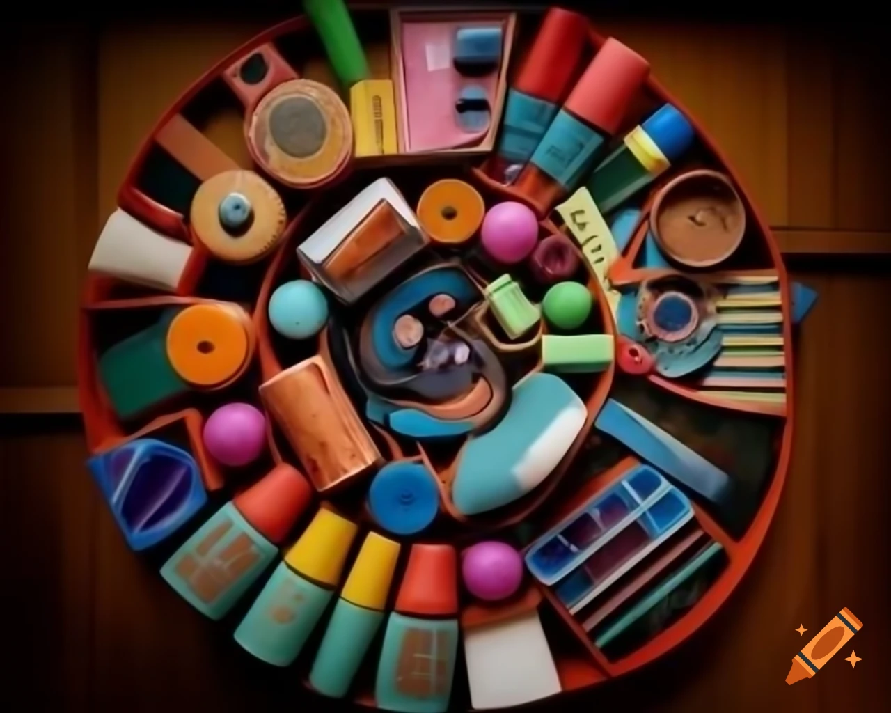 Vibrant array of colorful art items creating visual texture