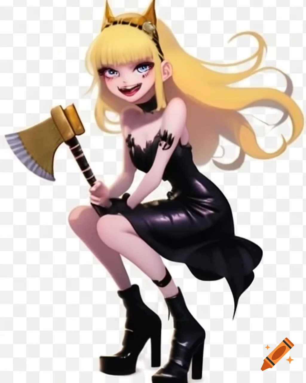 Anime girl with sharp teeth and ponytail in black dress with axe on Craiyon