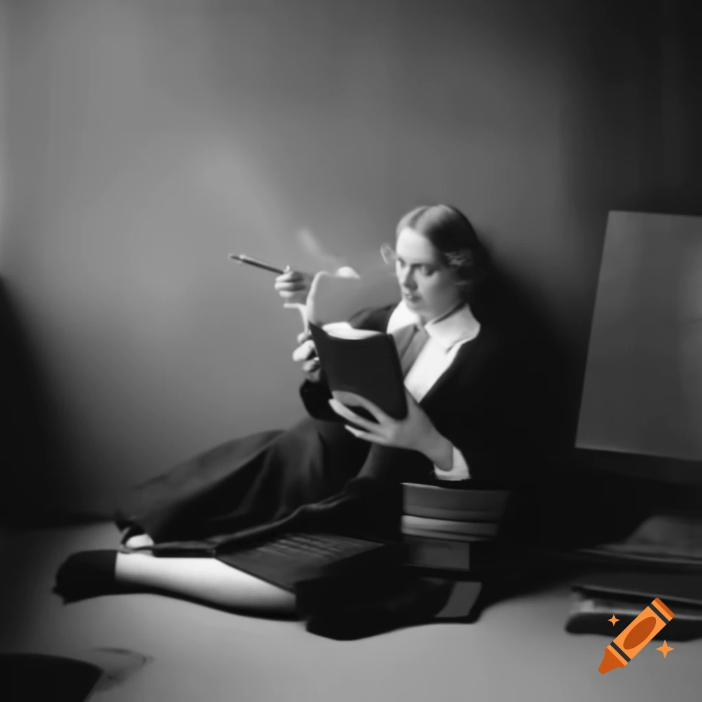 Woman reading a book while holding a cigarette on the floor