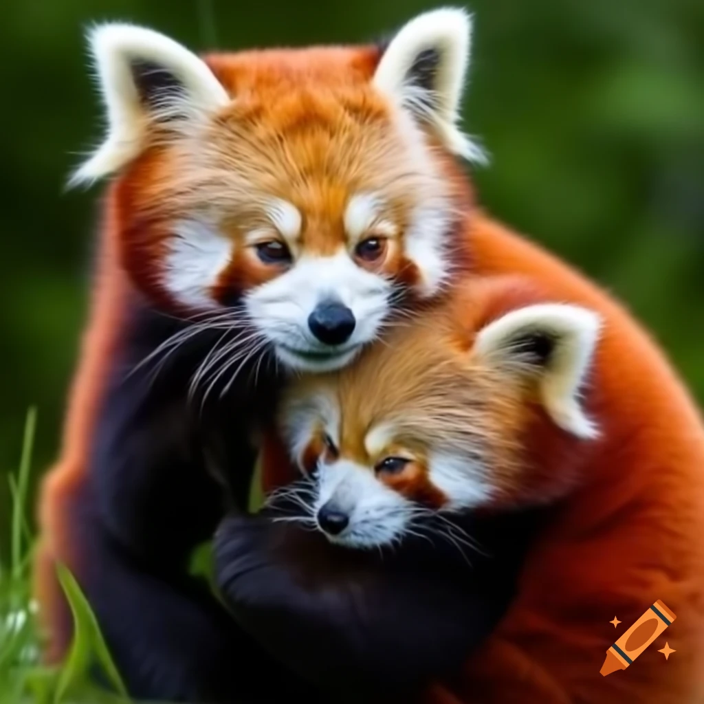 Red pandas hugging each other
