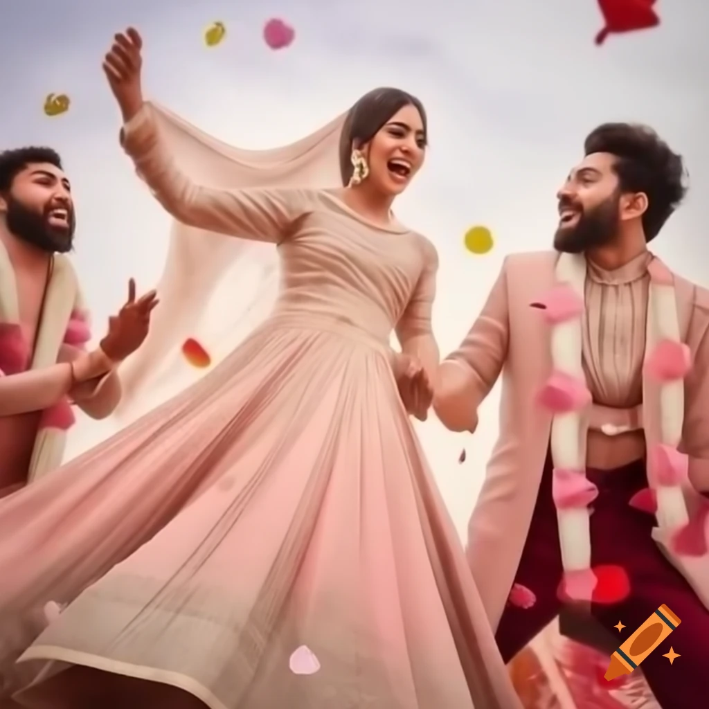 Illustrated wedding scene with bride and groom running away hand in hand