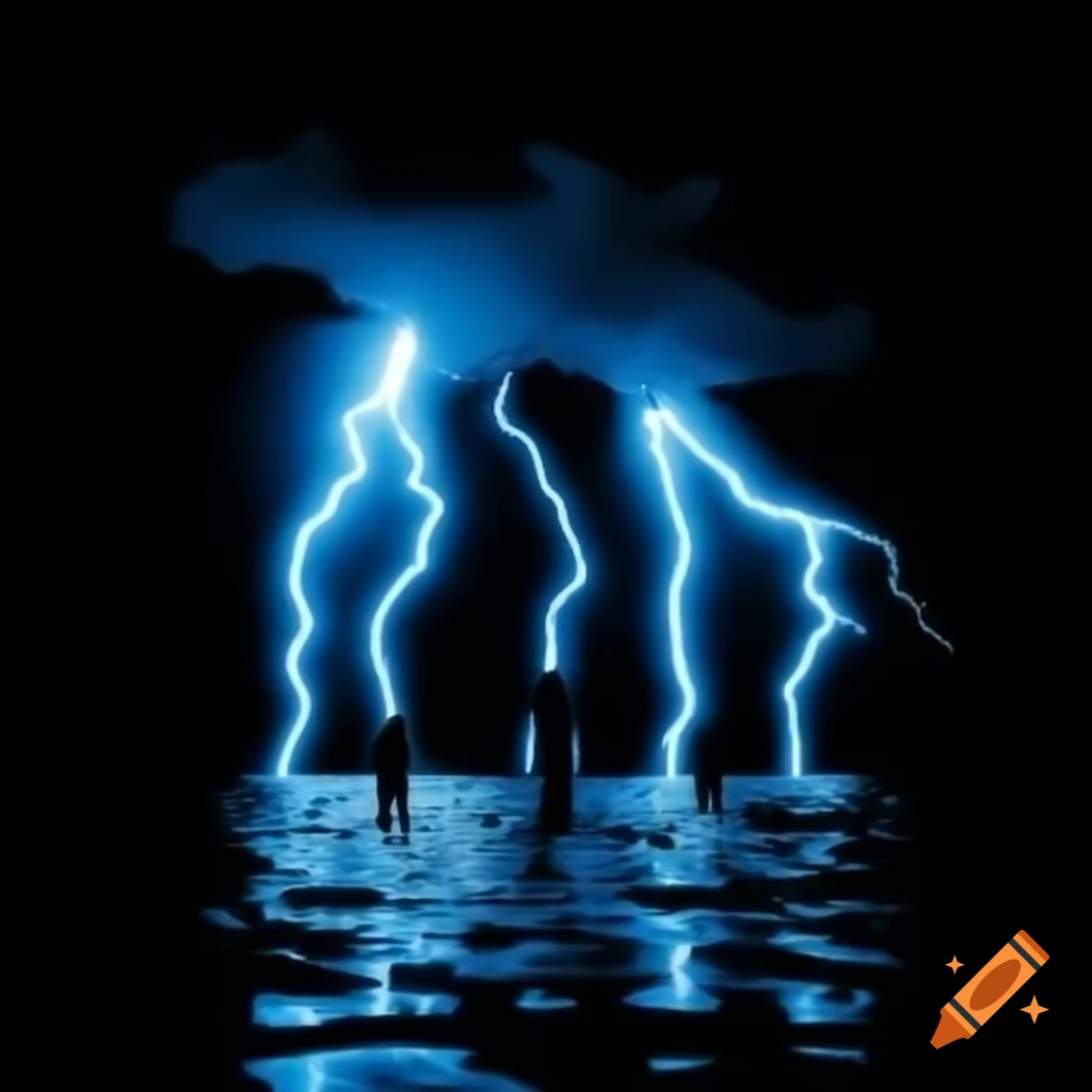 Silhouettes of three people on water with lightning bolts, poster style