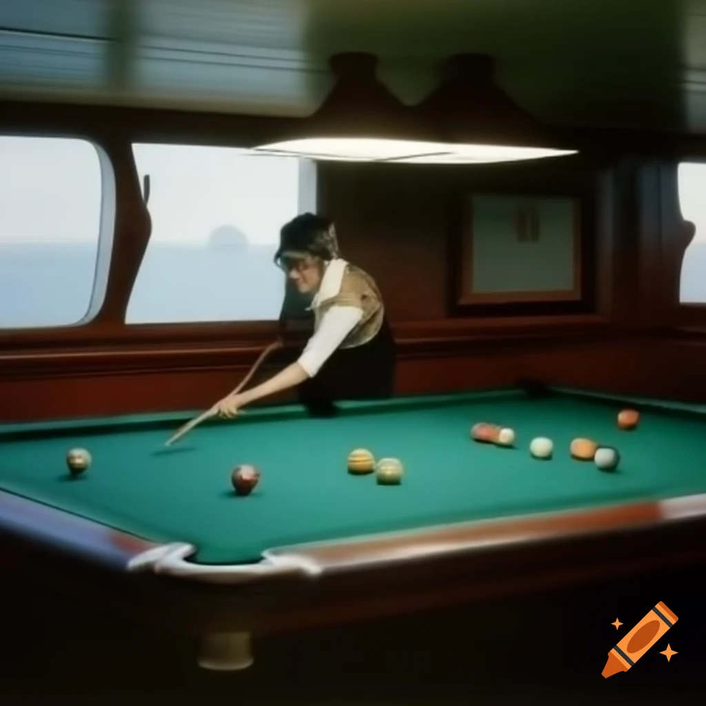 Person playing pool on cruise ship with window view, clipart