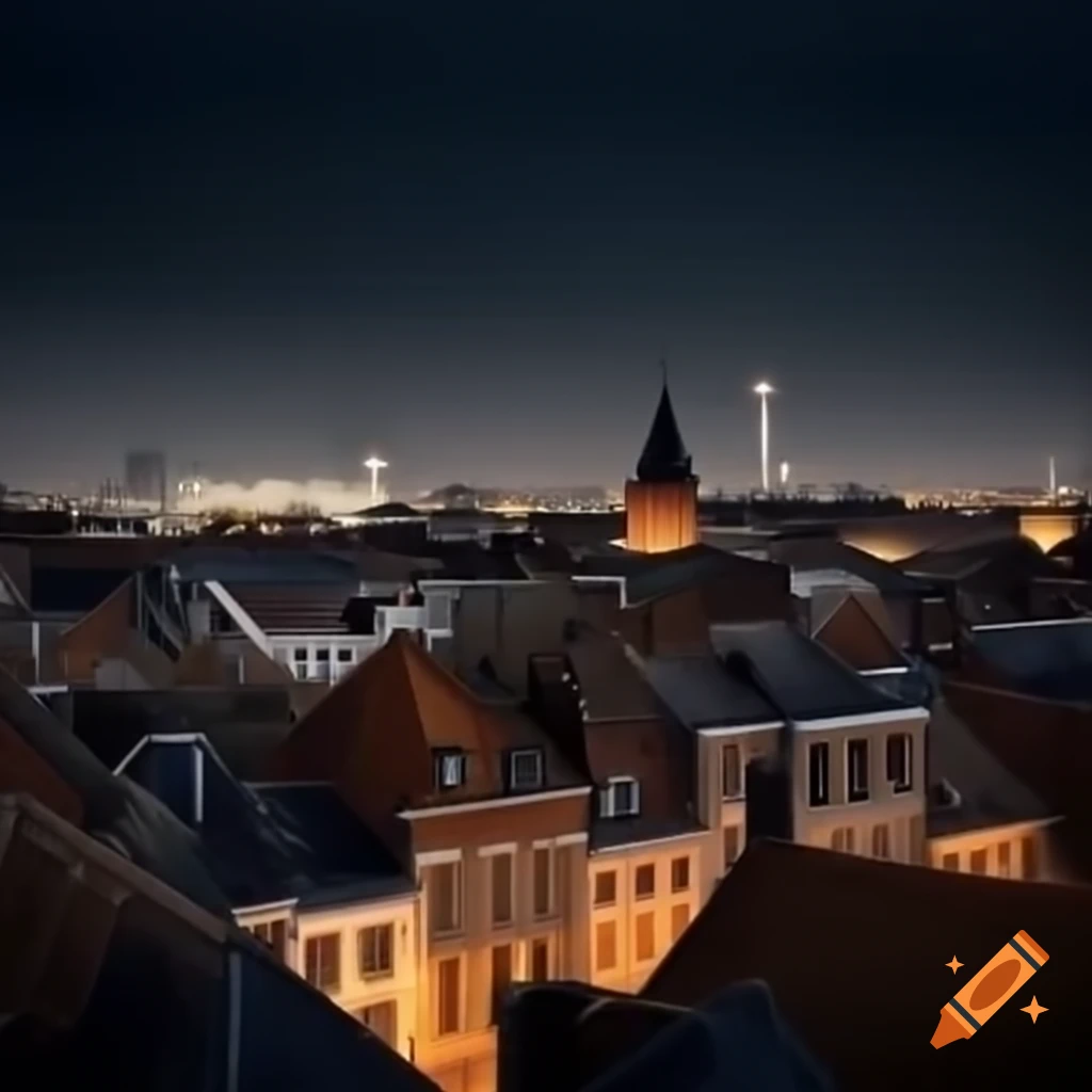 Night skyline of Charleroi with traditional roofs, chimneys, and old style antennas