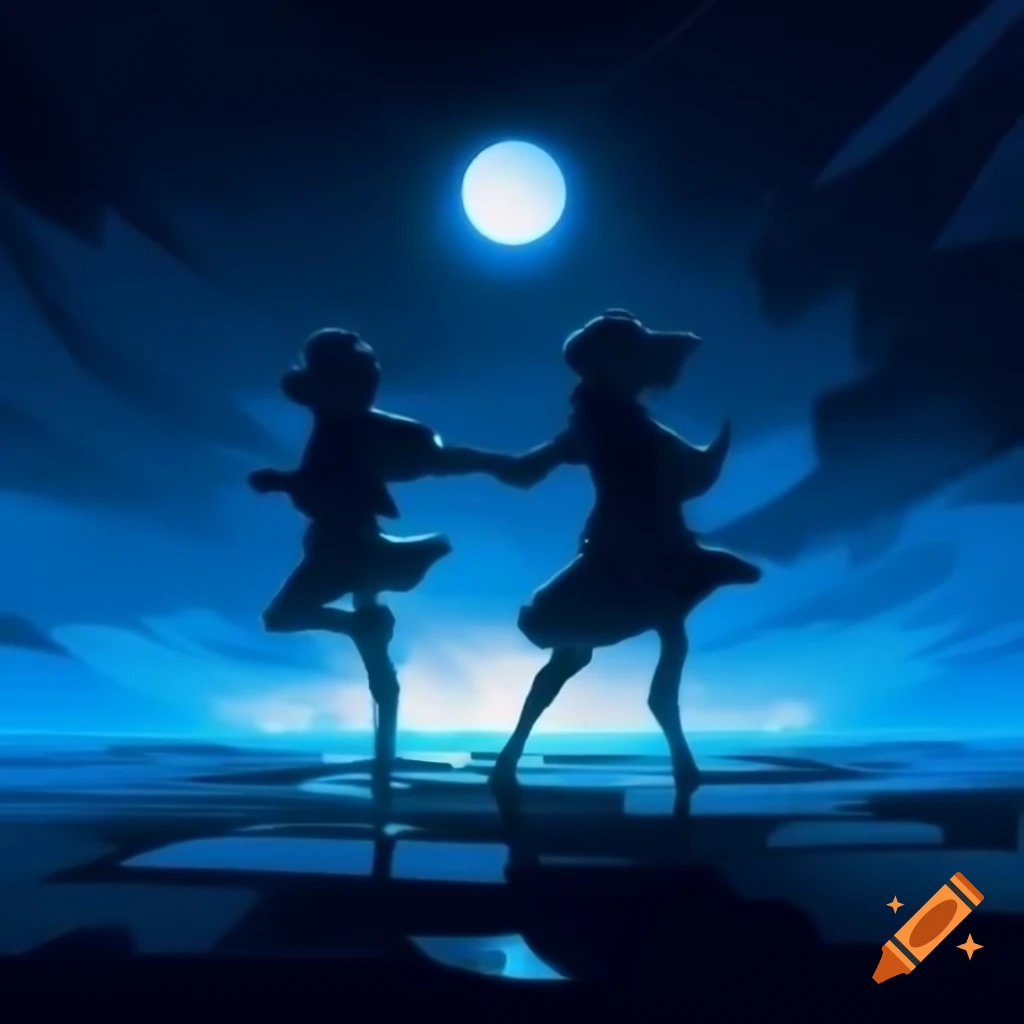 Greyscale and blue-toned digital artwork of two silhouetted figures dancing