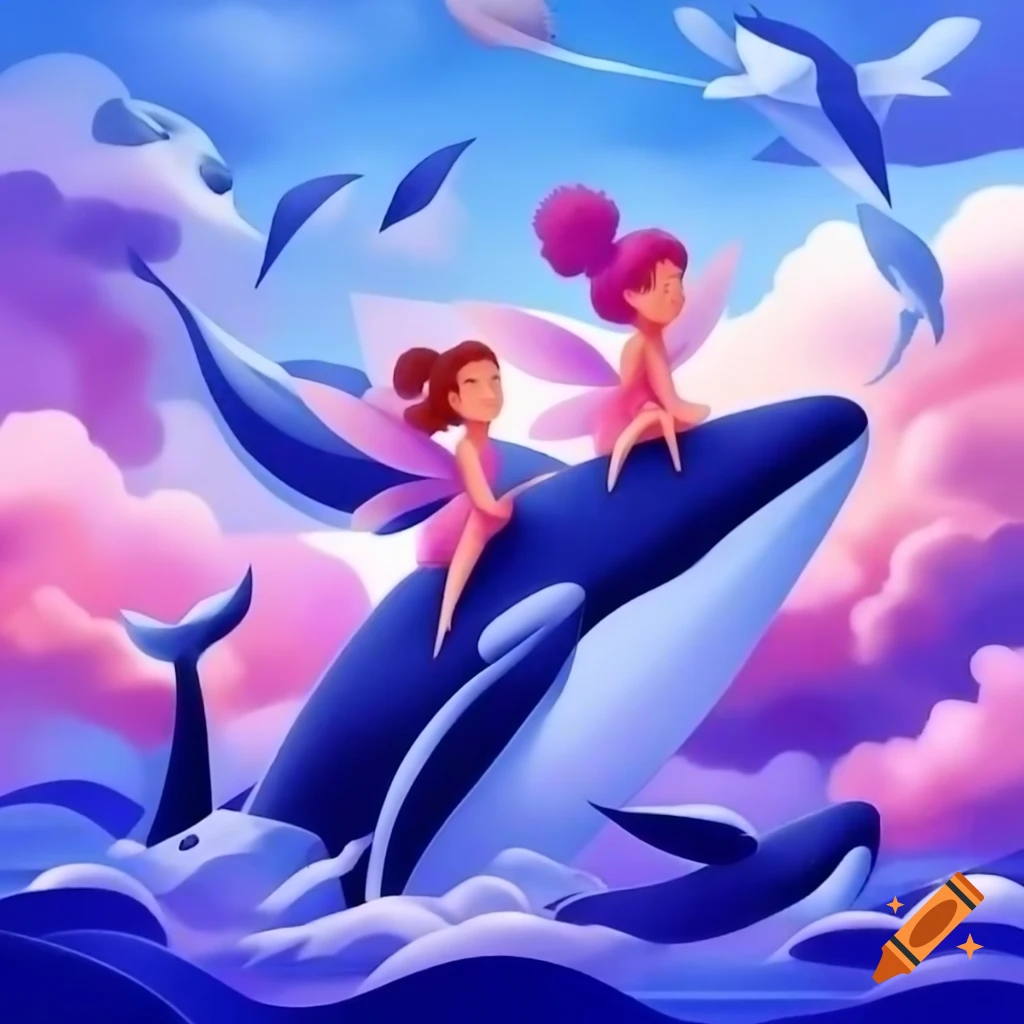 Fairies flying on giant whales in surreal skyscape of clouds
