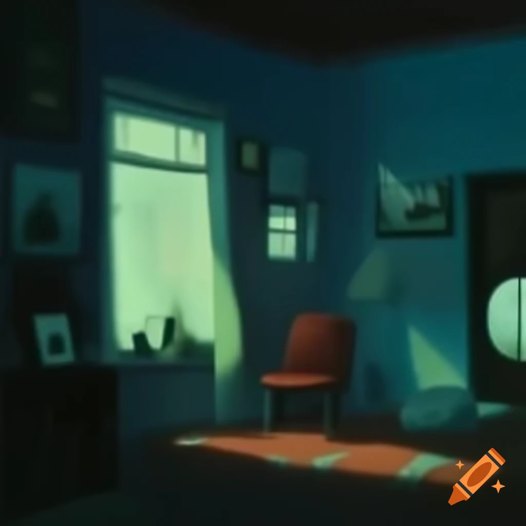 Cozy dimly lit room with vintage decor and rainy street view at night