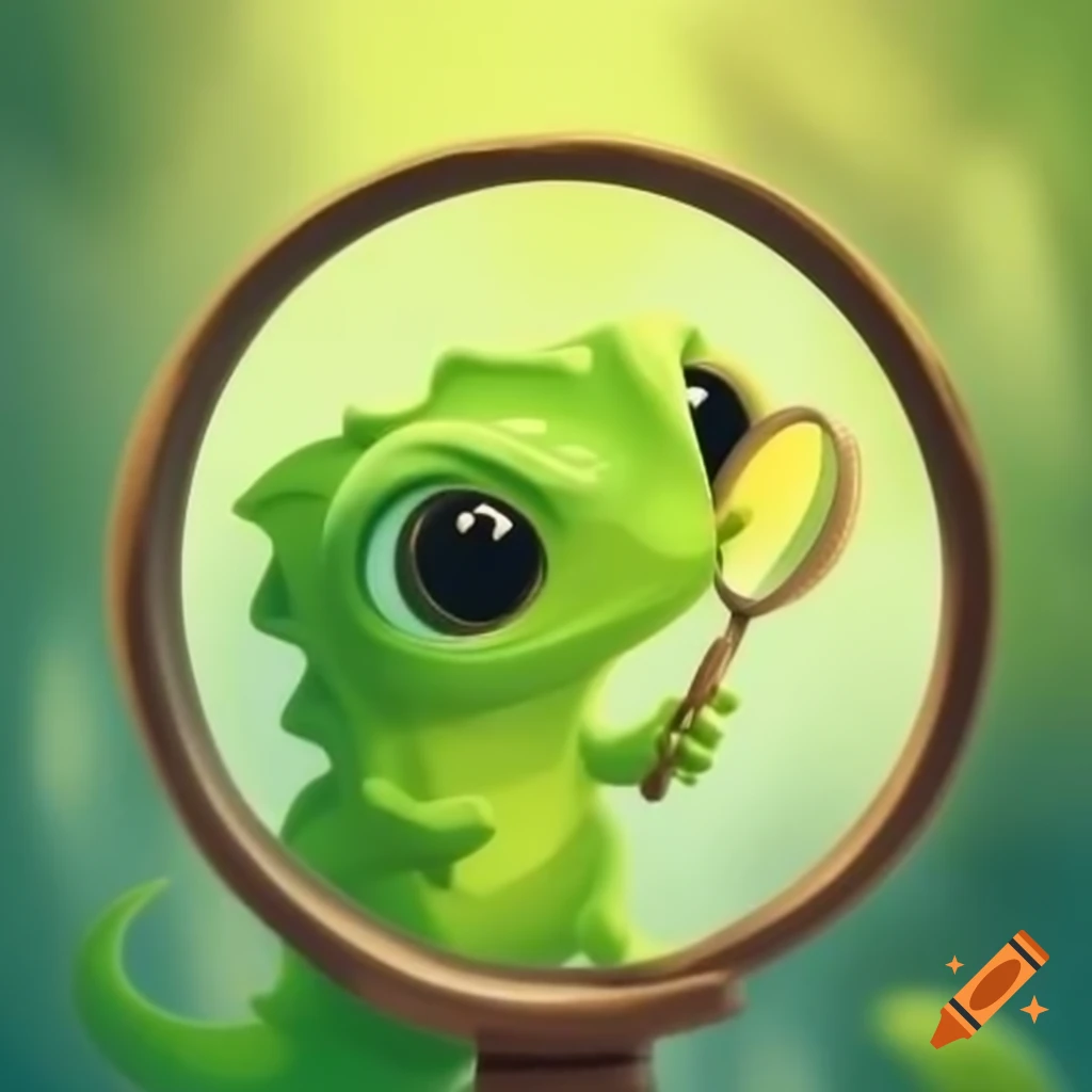 Green baby lizard using a magnifying glass