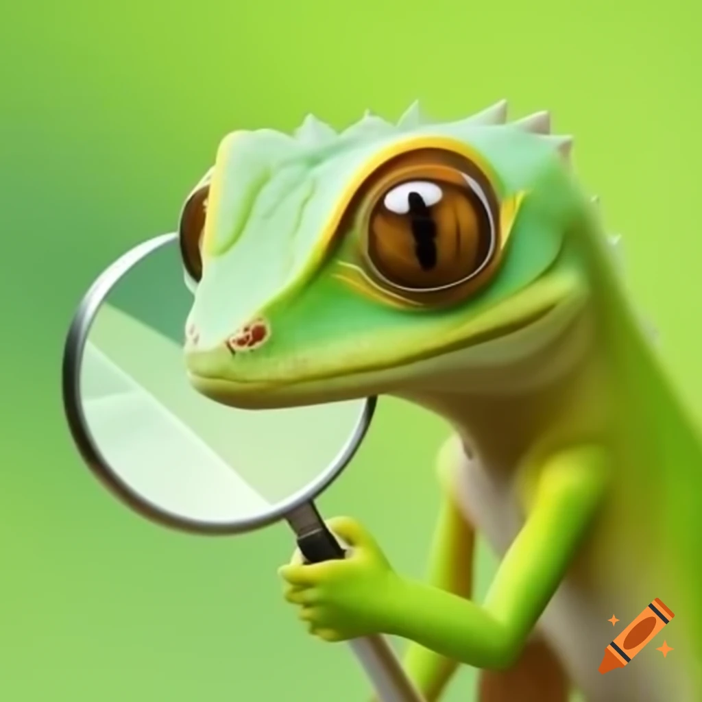 Green baby lizard using a magnifying glass