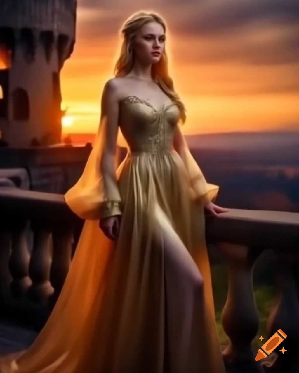 Young empress in golden gown on castle balcony at sunset on Craiyon