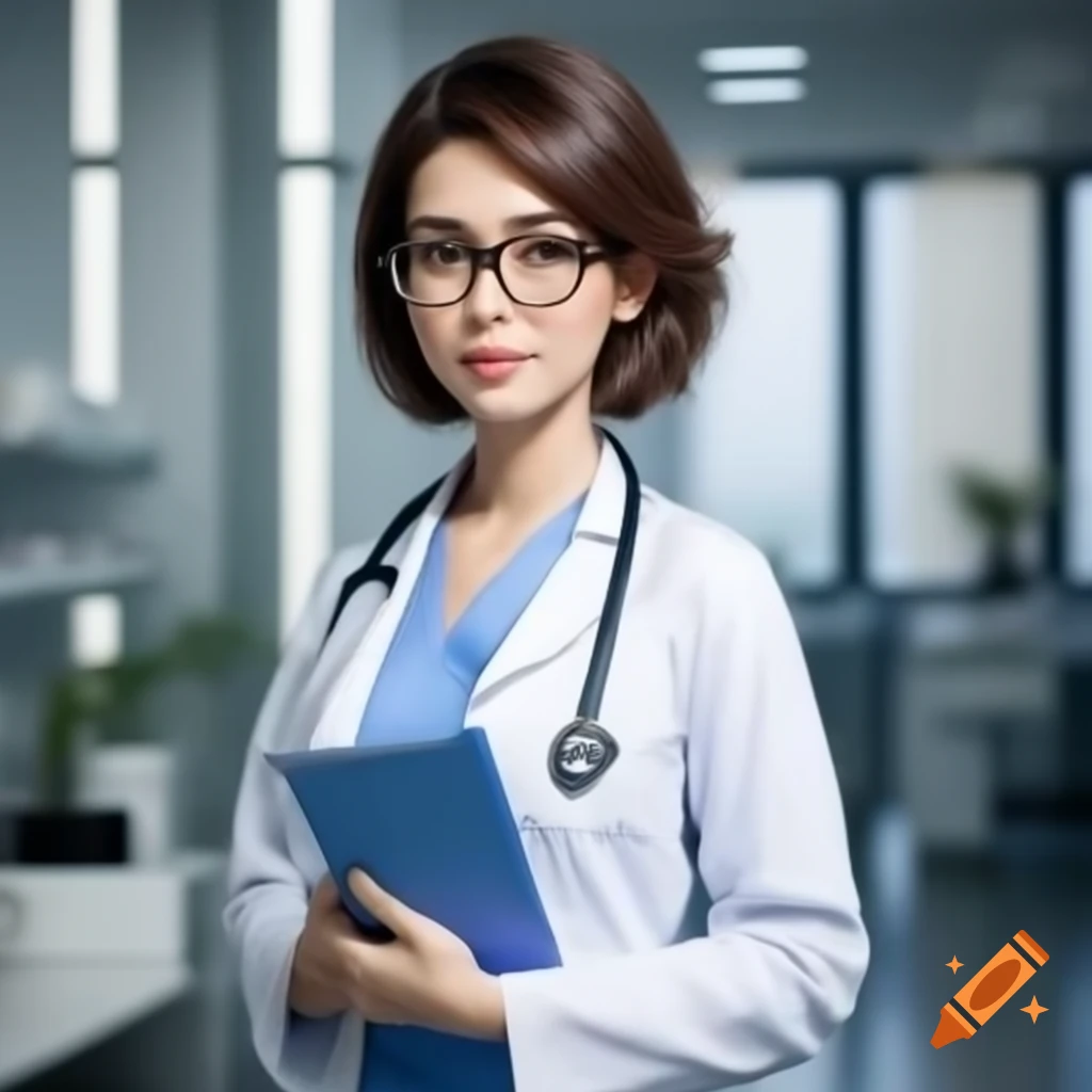 Middle-aged Thai female doctor in lab coat and stiletto shoes