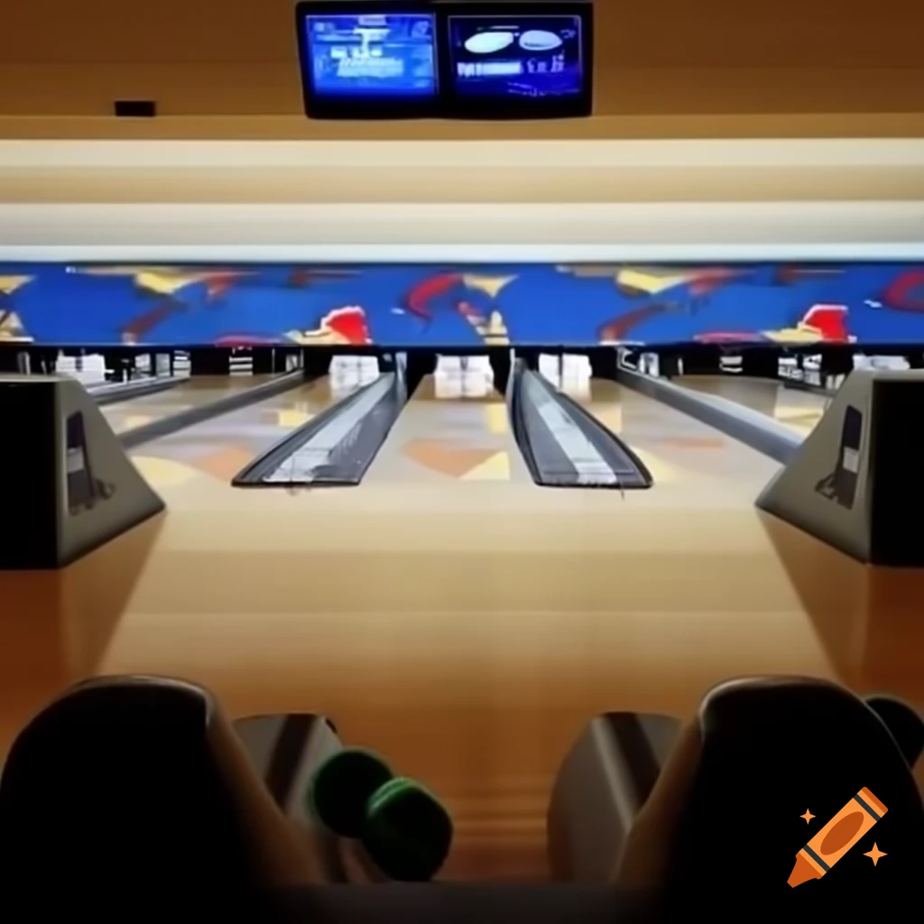 Bowling lane view from behind pins towards players seating area