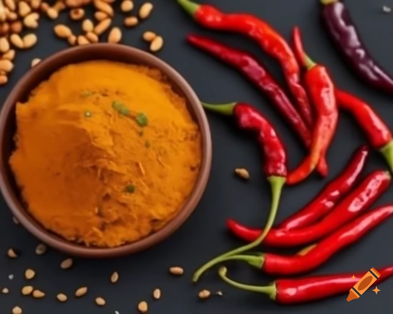 South Indian Sambar powder in clay dish with red chilies and coriander seeds