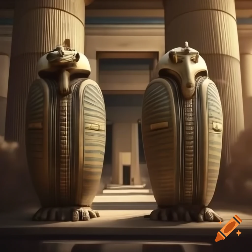 Egyptian scarab between temple pillars with number 666 on the gable