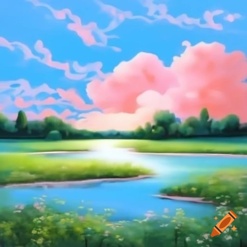 Realistic landscape painting with baby pink and baby blue hues