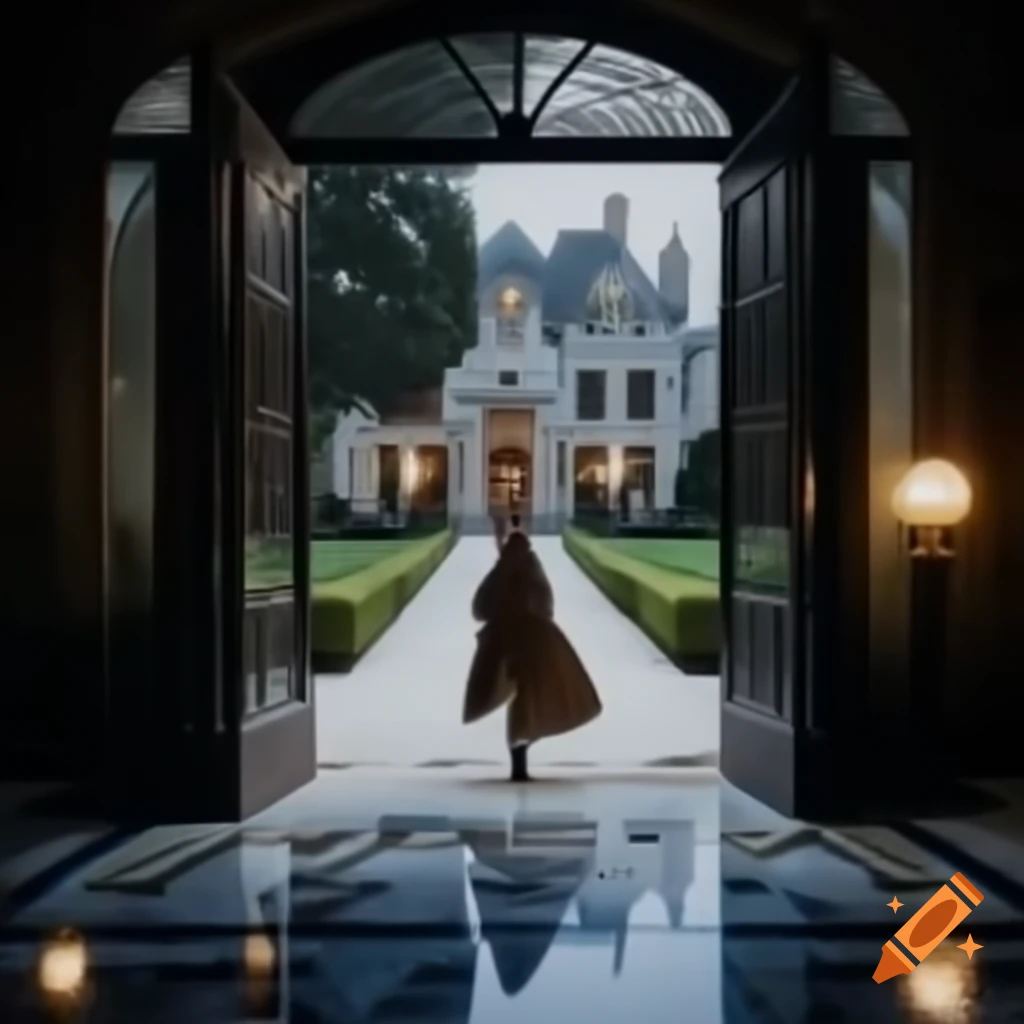 Figure sneaking into grand mansion through garden, showcasing marble floors and architecture