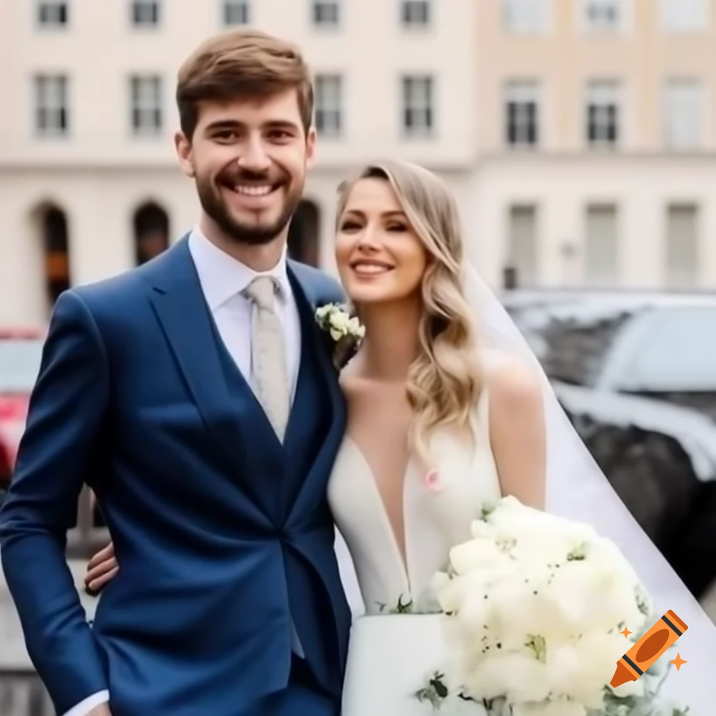 Newlywed couple on wedding day, groom in stylish suit and bride in radiant wedding dress