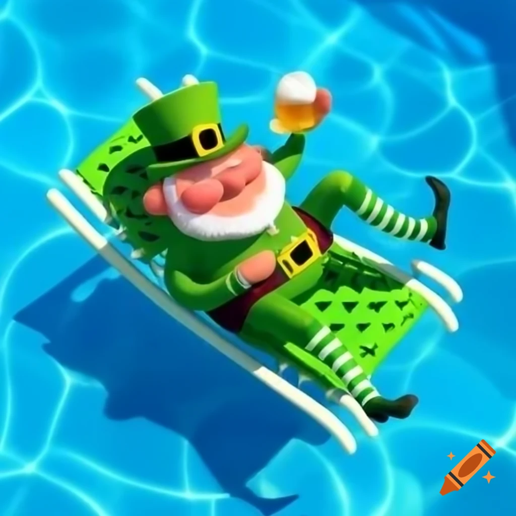Leprechaun relaxing on pool lounger with beer