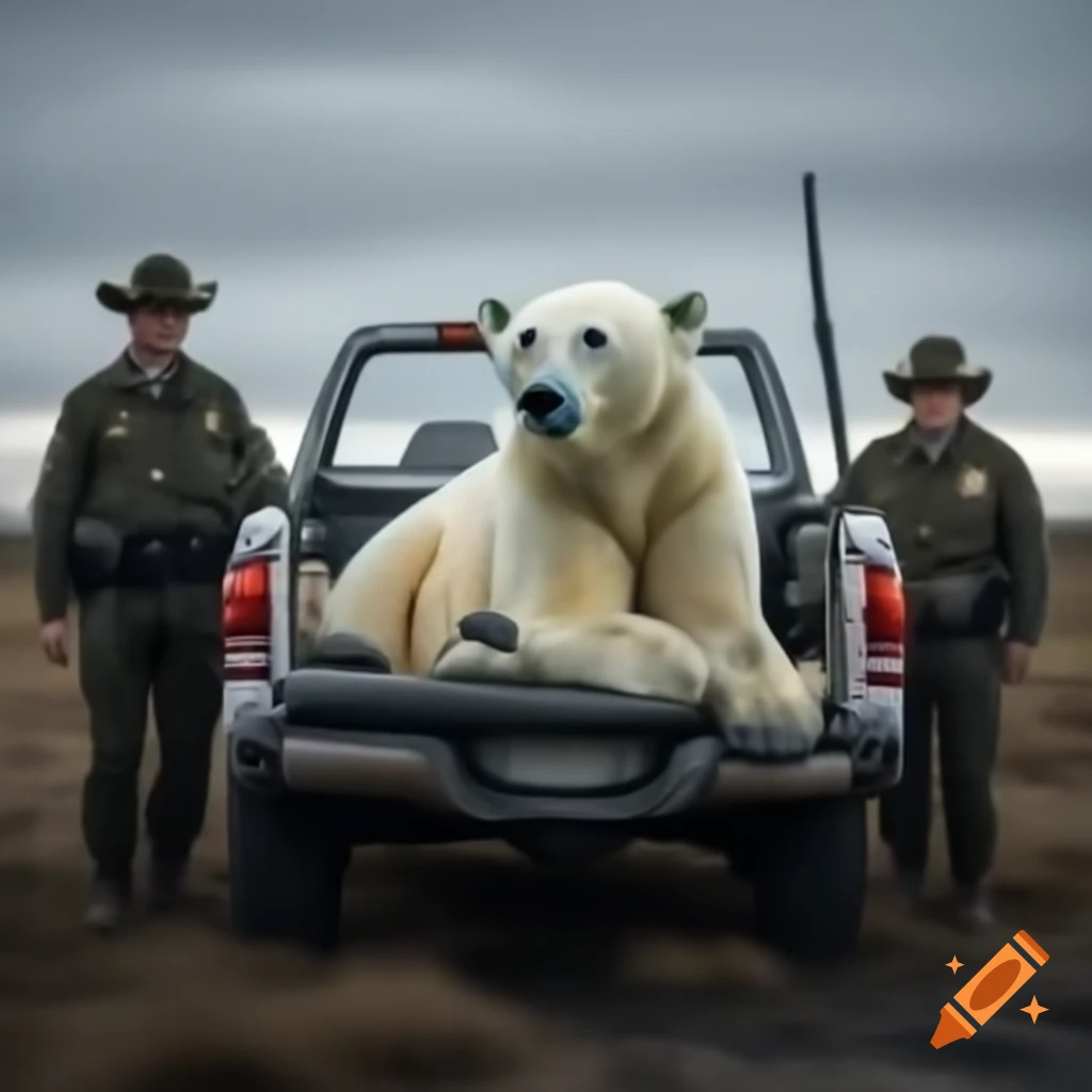 Polar bear in pickup truck with wildlife officers, tranquilized