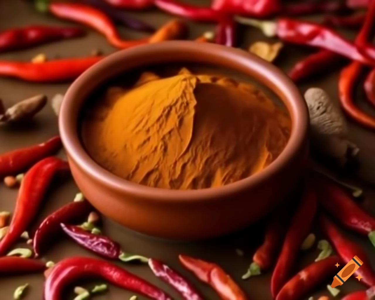 South Indian Sambar powder in clay bowl with red chilies and coriander seeds