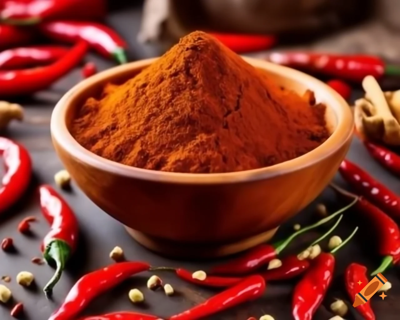 Close-up of rustic wooden bowl filled with vibrant Indian chilli powder