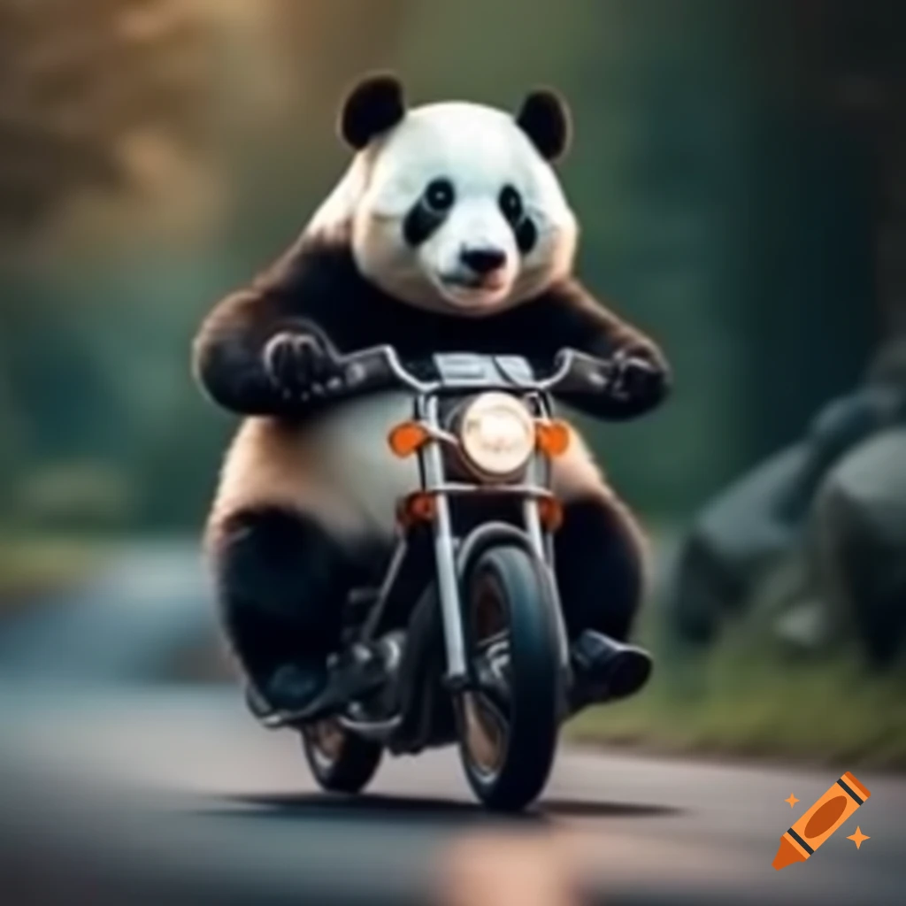 Panda riding a motorcycle in a playful scene