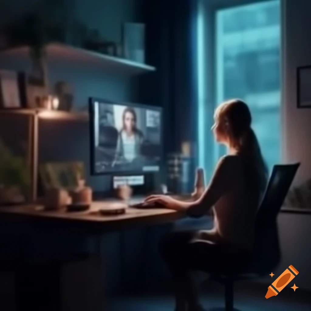 Woman working in home office with AI antivirus on screen