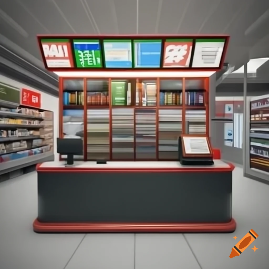 Realistic convenience store register counter with open space and one register