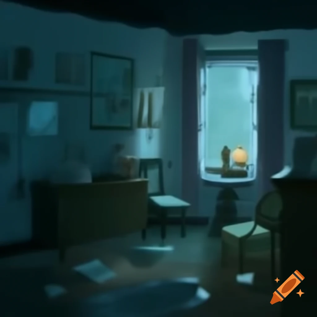 Cozy dimly lit room with vintage decor and rainy street view at night