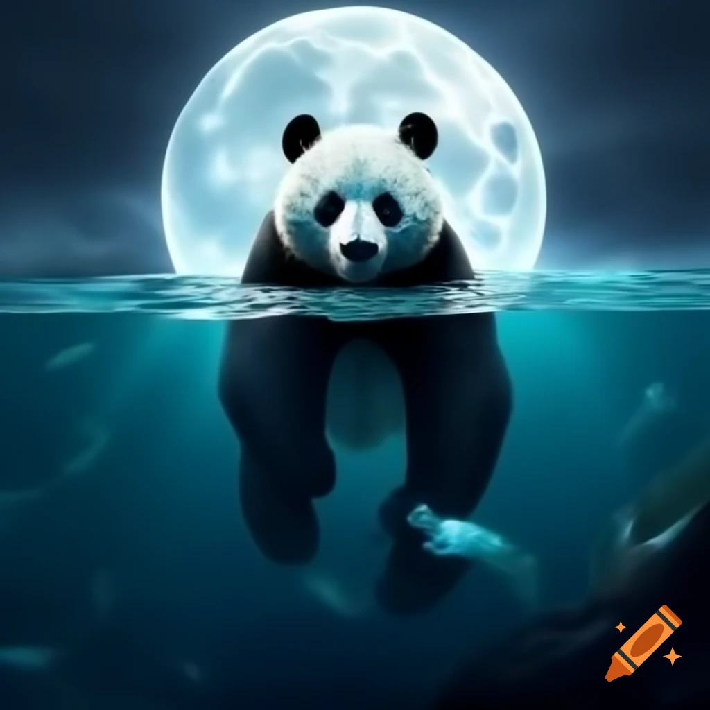 Giant panda swimming underwater while riding the moon