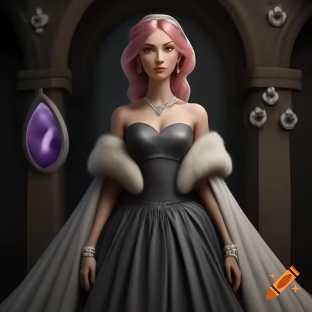 Petite woman in charcoal gray gown with pink hair styled elegantly, adorned with silver snowflake pins