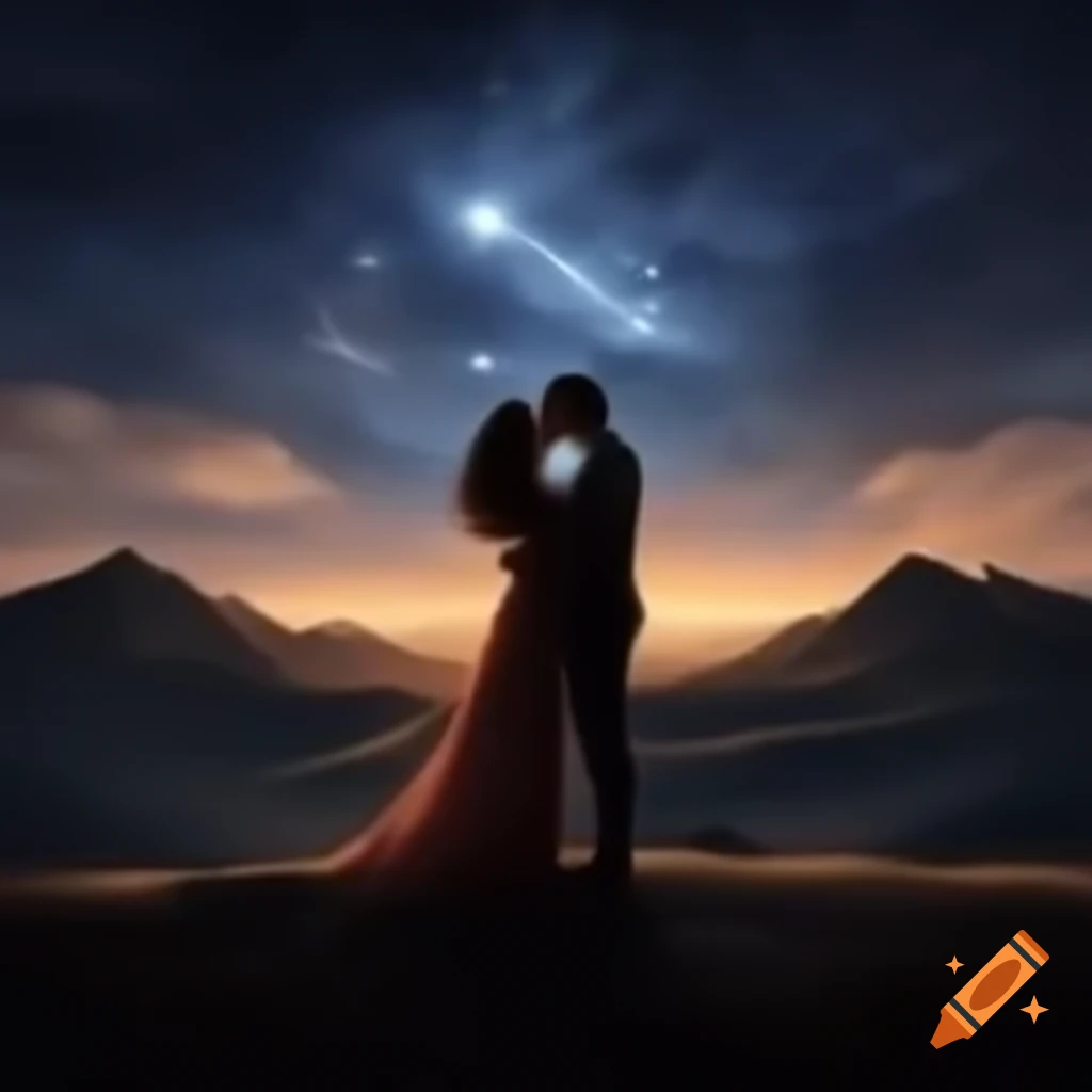 Couple embracing under starry sky with mountains in the background on ...
