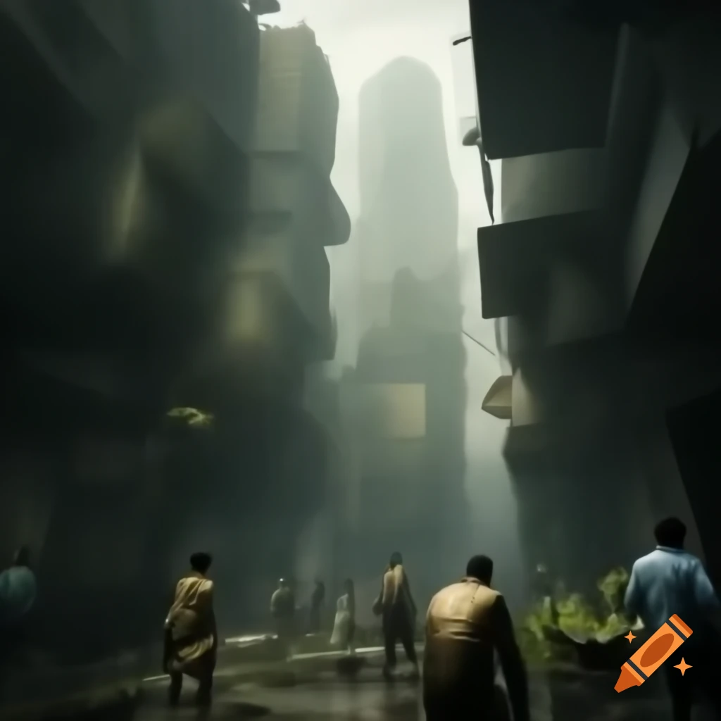 Compact cityscape with tall grimy buildings and hazy atmosphere