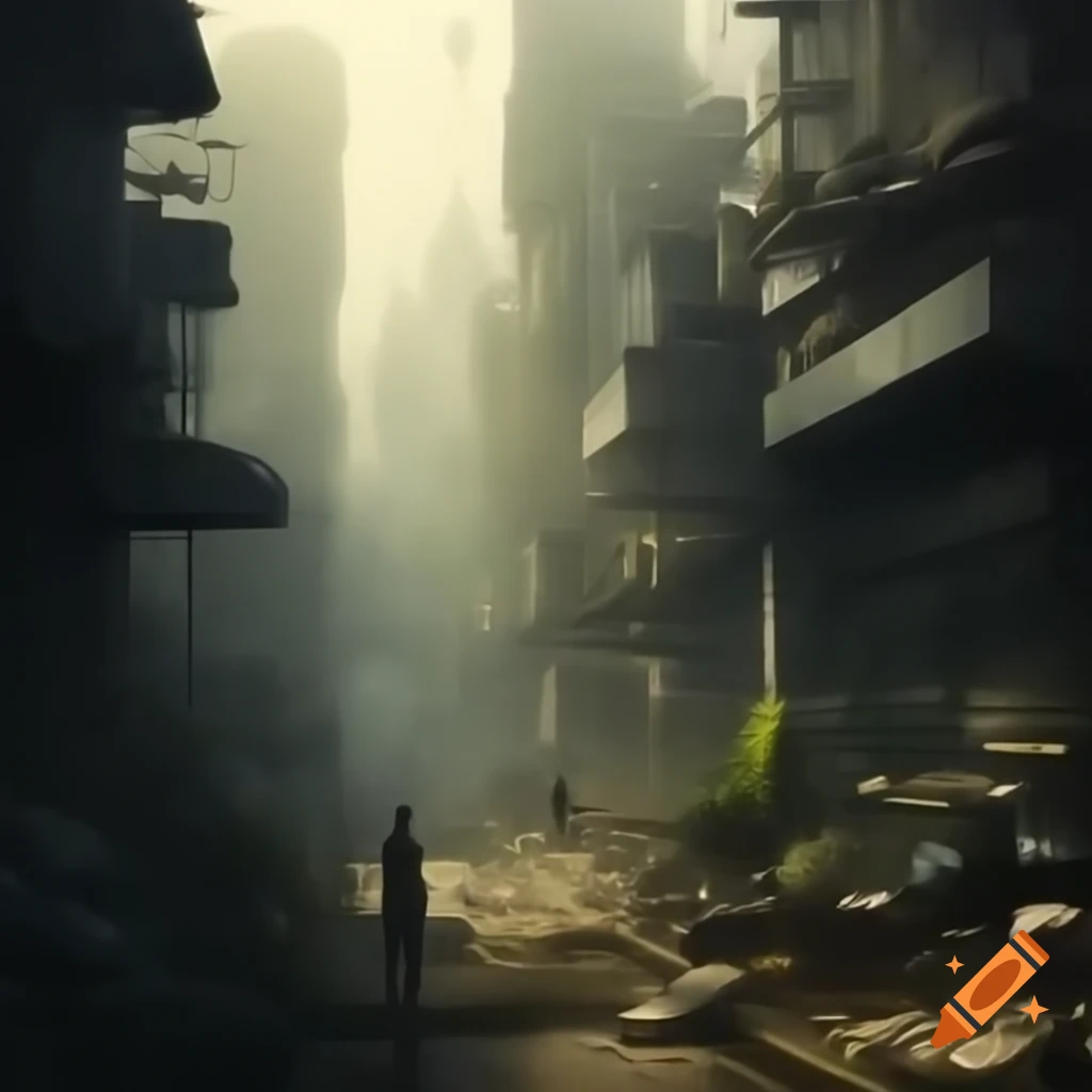 Compact cityscape with tall grimy buildings and hazy atmosphere