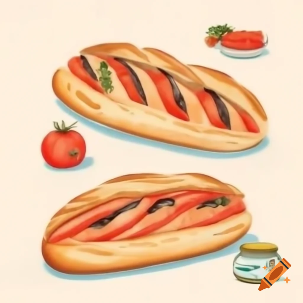 Hand-drawn image of sliced baguettes, one topped with tomatoes and another with canned sardines