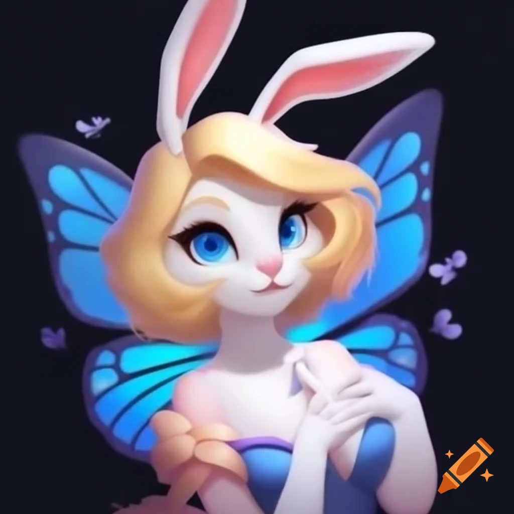 Anthropomorphic pink bunny with blue eyes and butterfly wings in ...