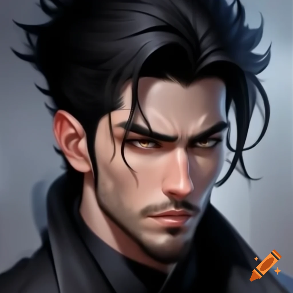 Anime character of handsome man in late 20s with thick dark hair and rugged features