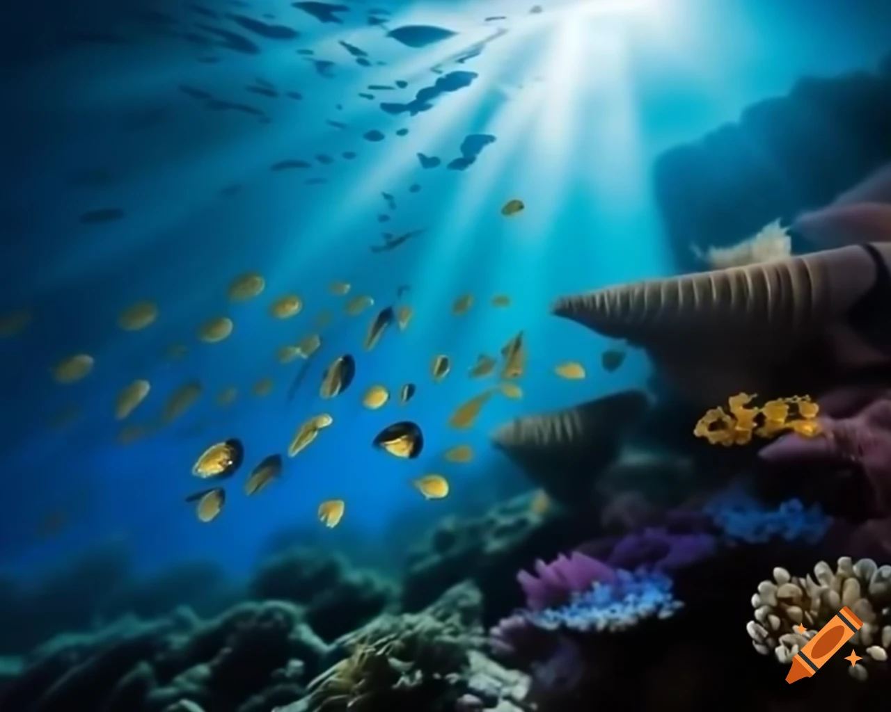 Underwater paradise with colorful fish and coral reef illuminated by sunlight