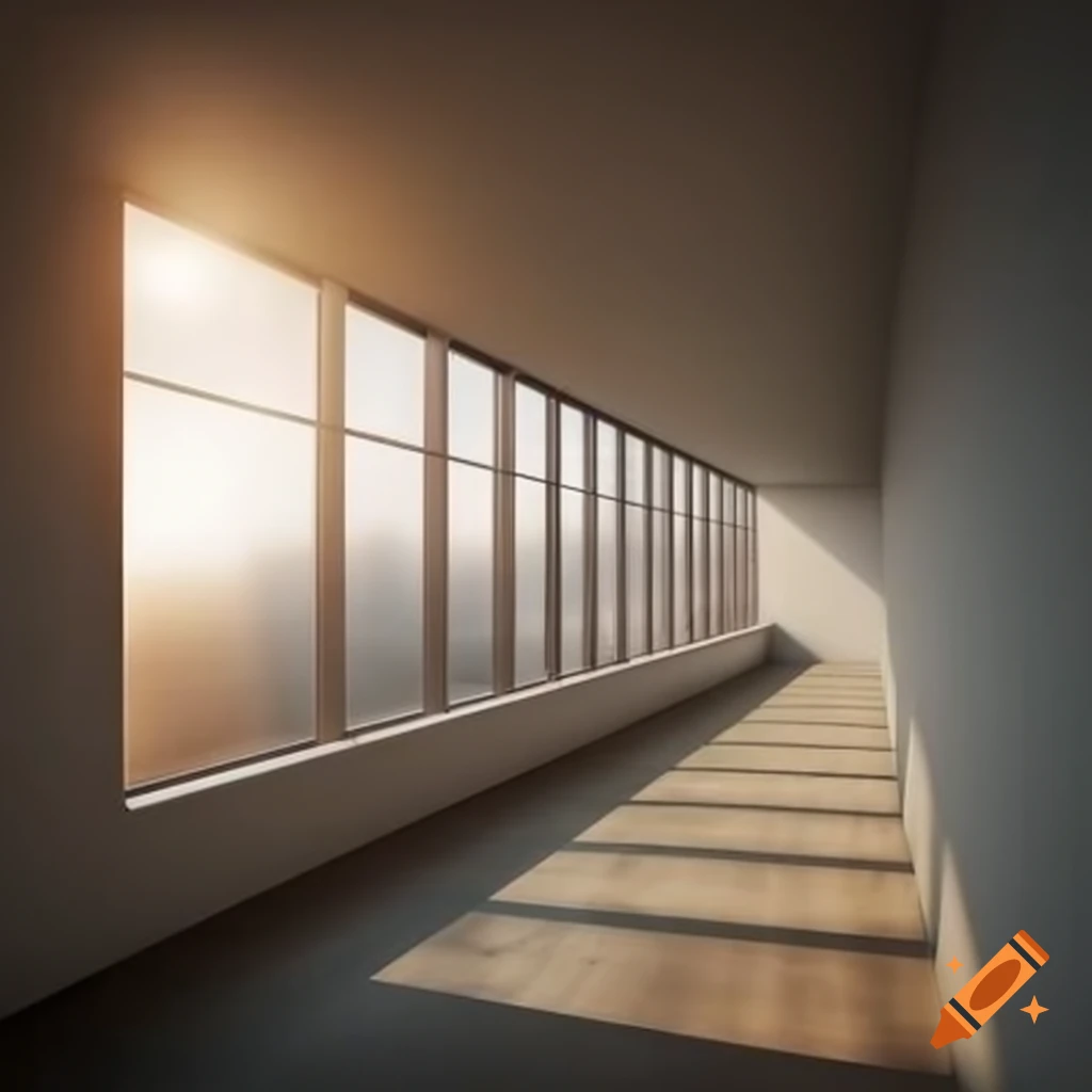 Bright hallway with large windows on every wall, 2D design