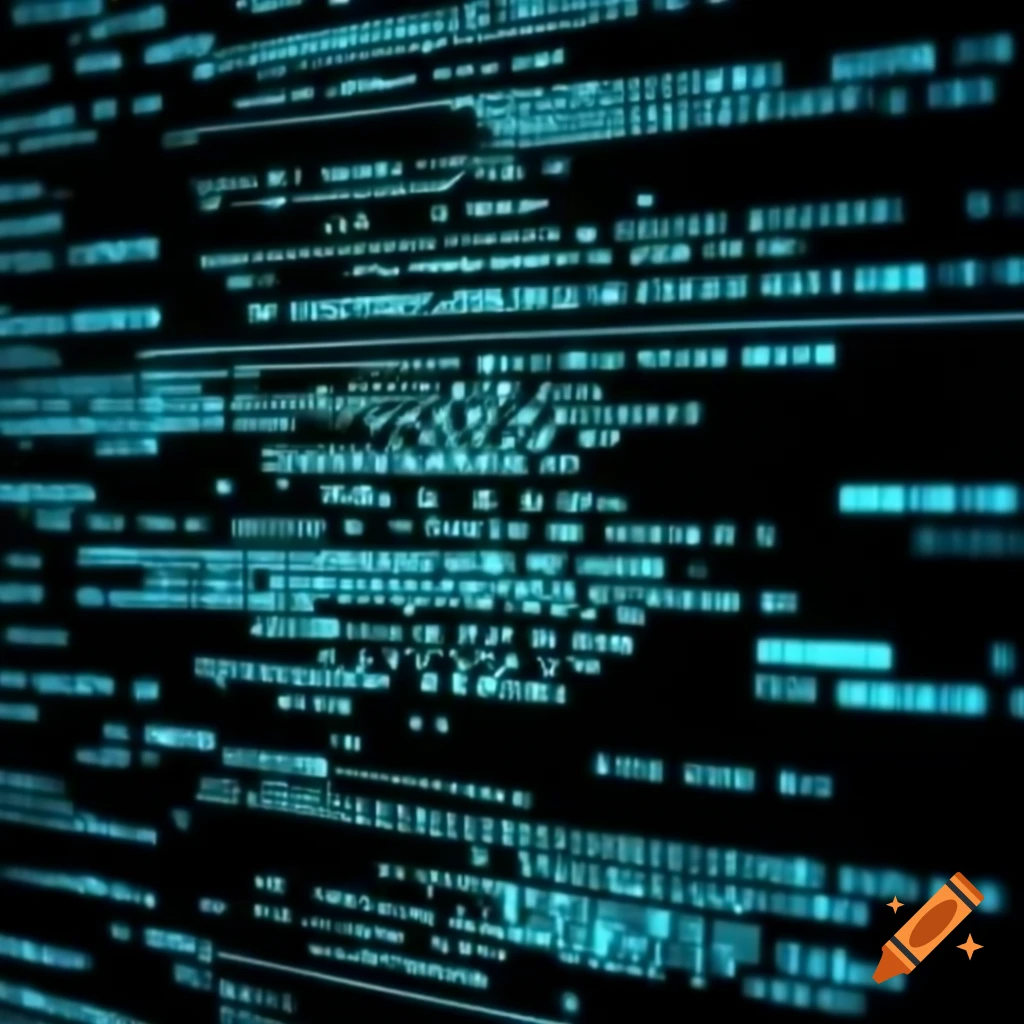 Glowing computer screen displaying complex code