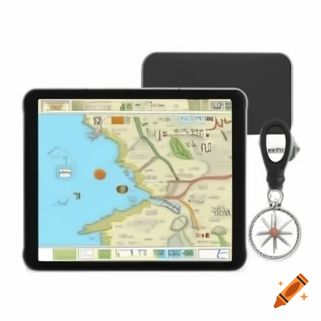 Electronic map on iPad with compass and keychain, black case