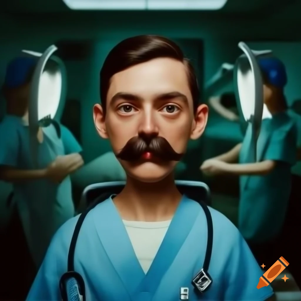 Man with mustache and short beard in doctor uniform sitting in clinic