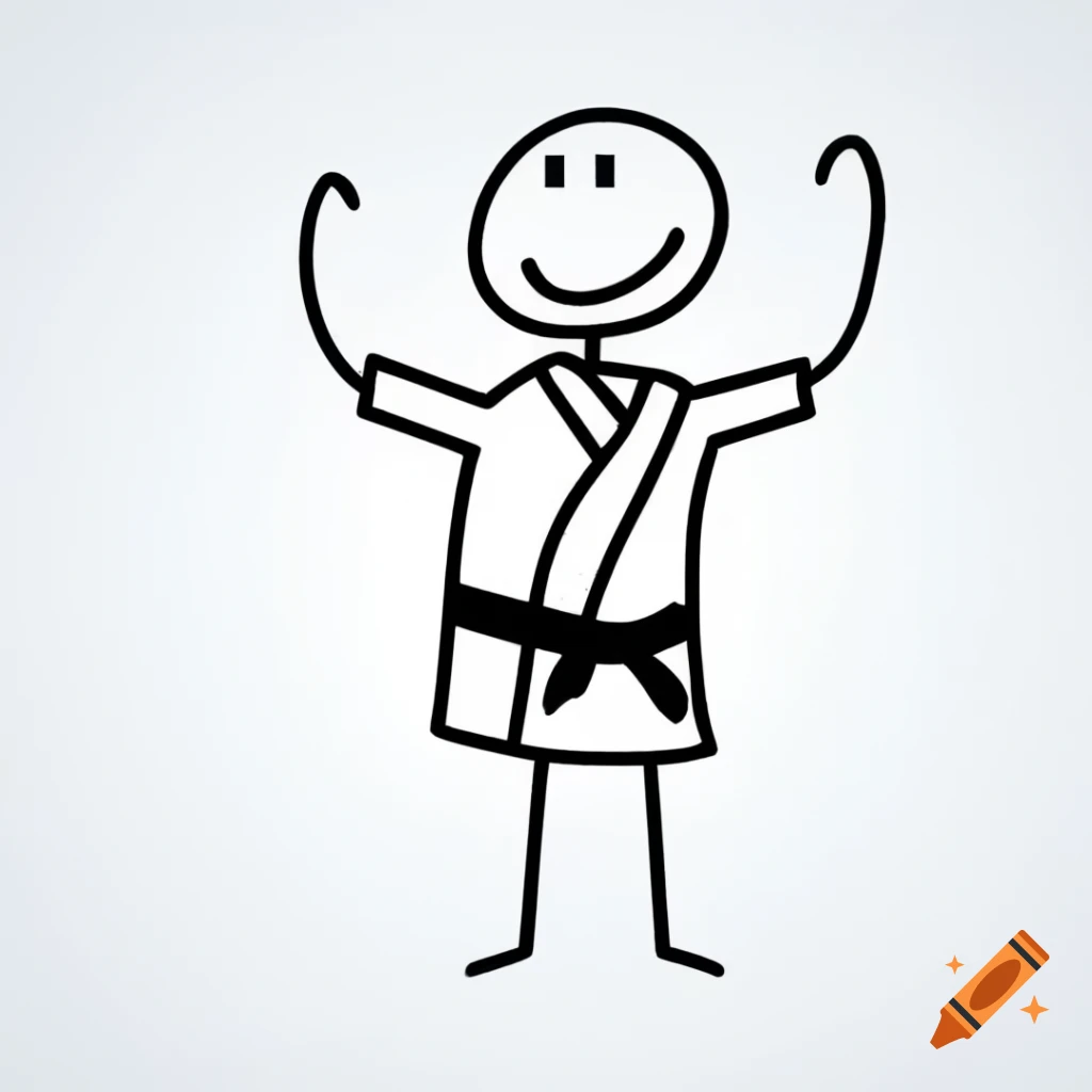 Stick figure in karate gi with black belt and smiling expression