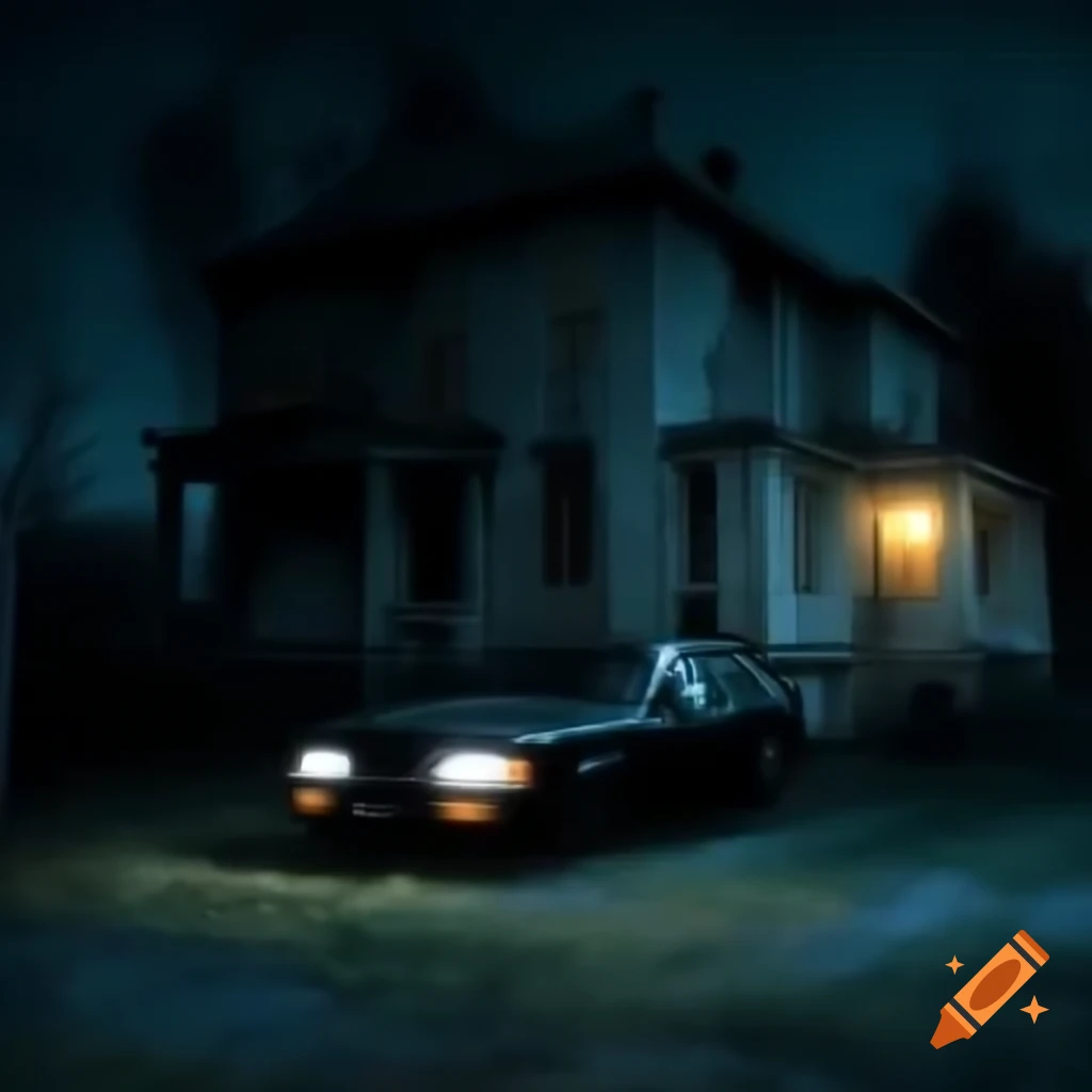 Eerie night with black car parked in front of abandoned house ...