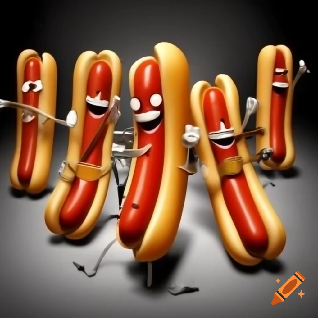 Cheerful anthropomorphic hotdogs forming a musical band with instruments