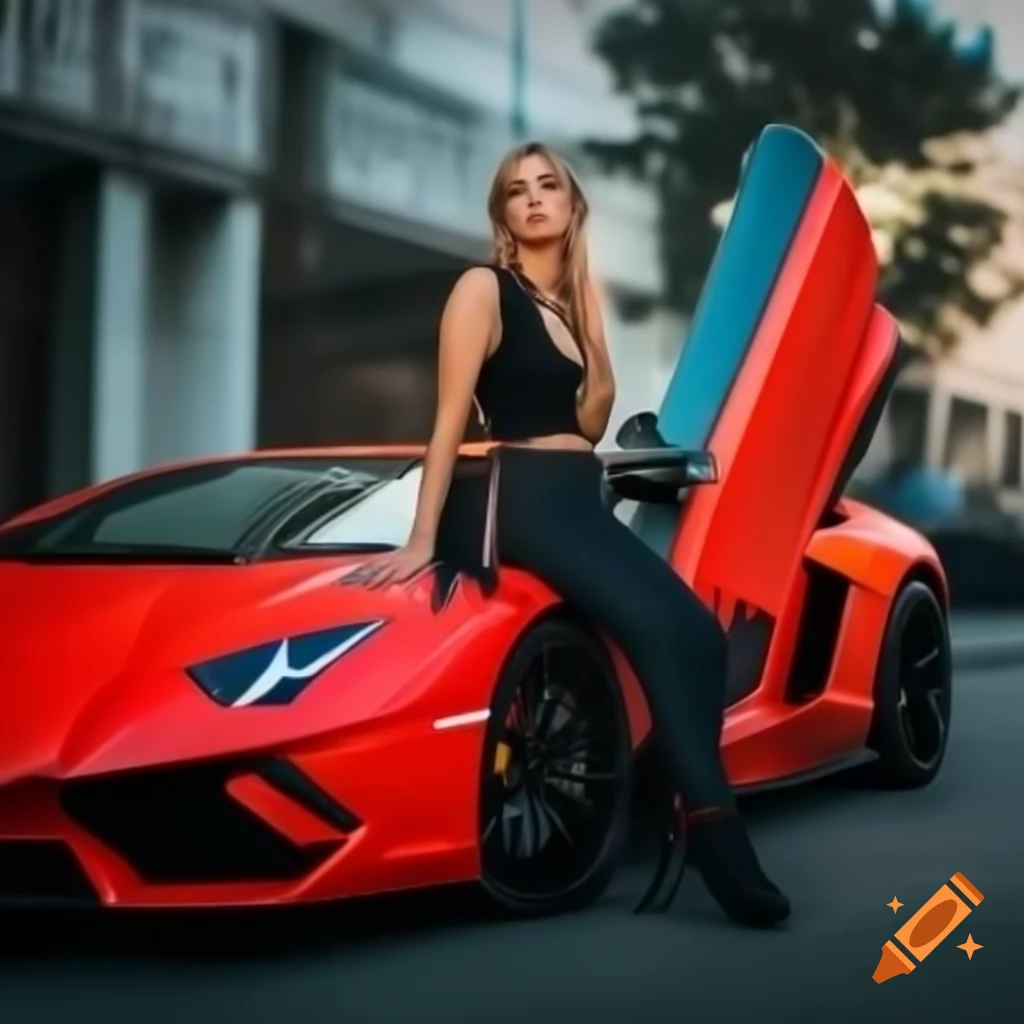 Stylish woman posing next to a Lamborghini