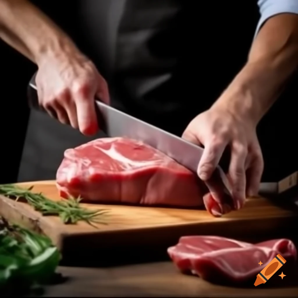 Butcher preparing beef on wooden cutting board