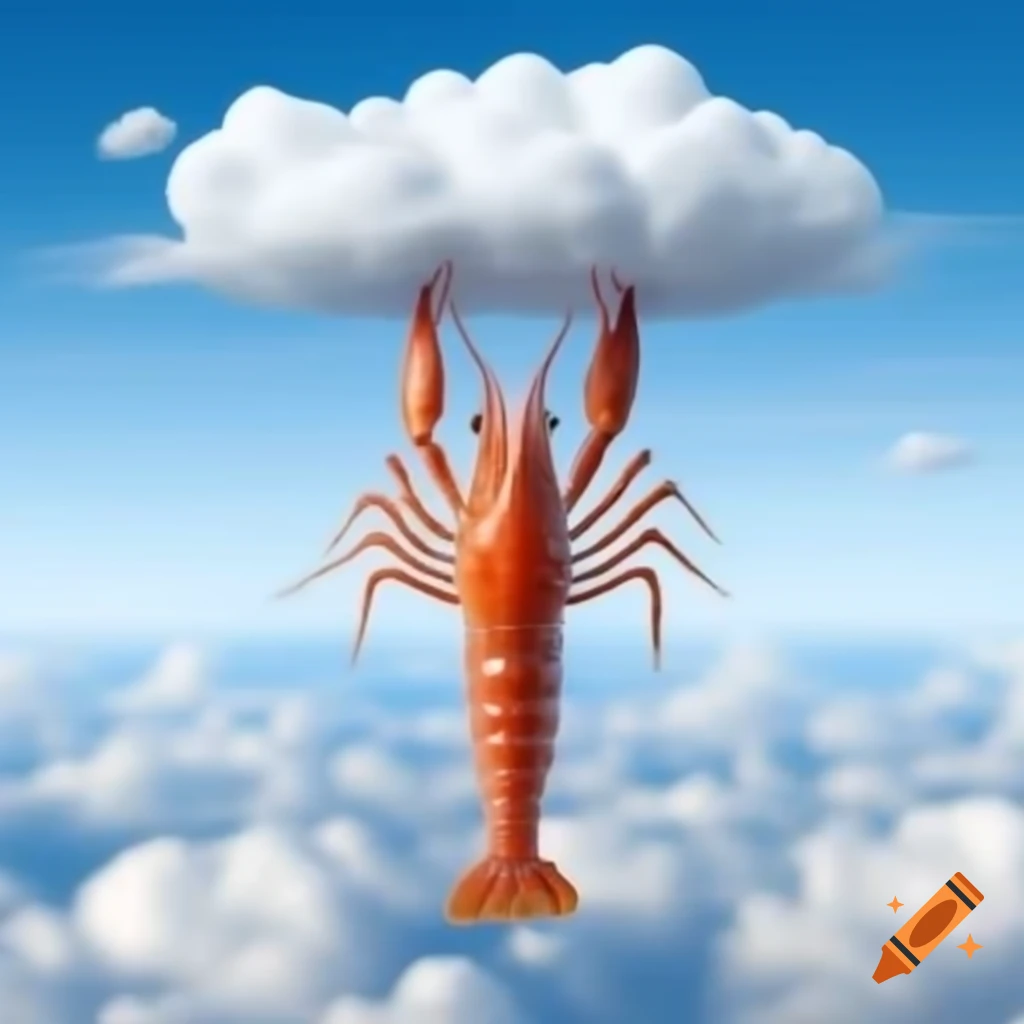 Angelic shrimp descending from clouds, whimsical art