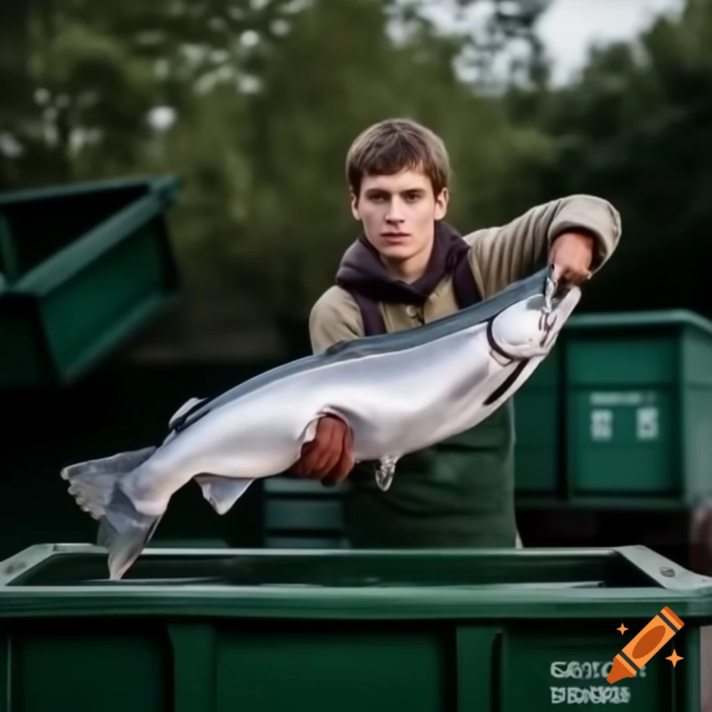 Young man discarding salmon in dumpster