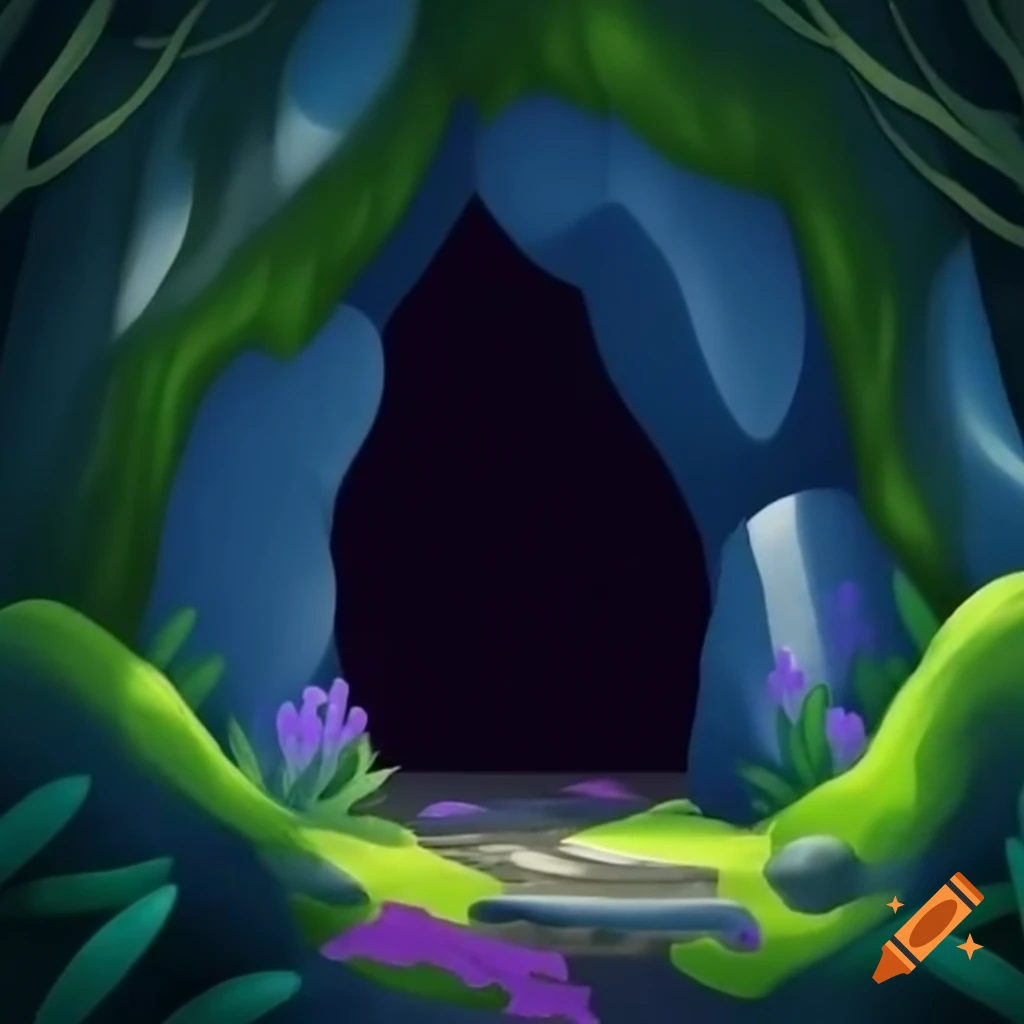 Cave entrance in forest adorned with moss and purple flowers